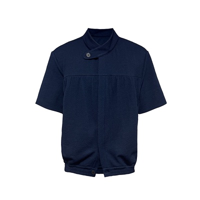 JCAESAR SHIRT围立领抽褶短袖衬衫 深蓝提花 暗门襟胸前碎褶 合体