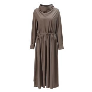 NON RESTRAIN慵懒风堆堆领长袖连衣裙女通勤亚麻褶皱抽绳收腰长裙