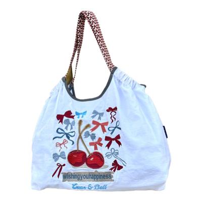 日韩斜挎包女高级感小众宽肩带帆布袋刺绣尼龙购物袋手提单肩包