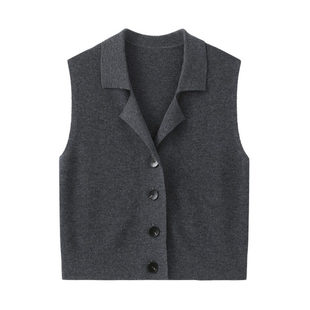 春竹100%羊毛25秋冬新款纯色翻领无袖针织背心叠穿开衫马甲外套女