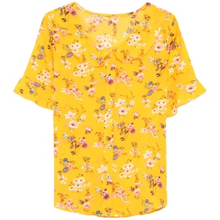 印花雪纺短袖套头衬衫女上衣夏季韩版时尚百搭职业衫红色白色黄色