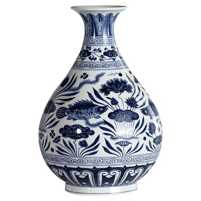 景德镇青花瓷鱼藻玉壶春瓶