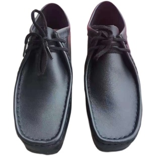 头层牛皮厚底纯色低帮袋鼠鞋英伦生胶底休闲鞋方头男鞋实心亮面