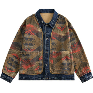 日系复古假两件外套男潮牌早春季纳瓦霍牛仔夹克男生痞帅工装上衣