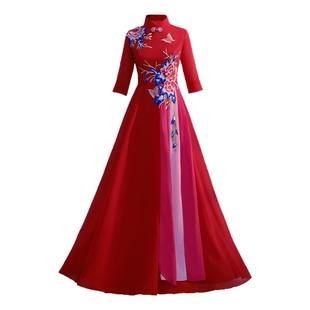 新款大合唱团红歌演出服女长裙朗诵主持人伞舞旗袍走秀迎宾晚礼服