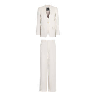 VER TOW“塞纳河之秋”奶油白羊毛西装套装 商务直筒裤无领西服