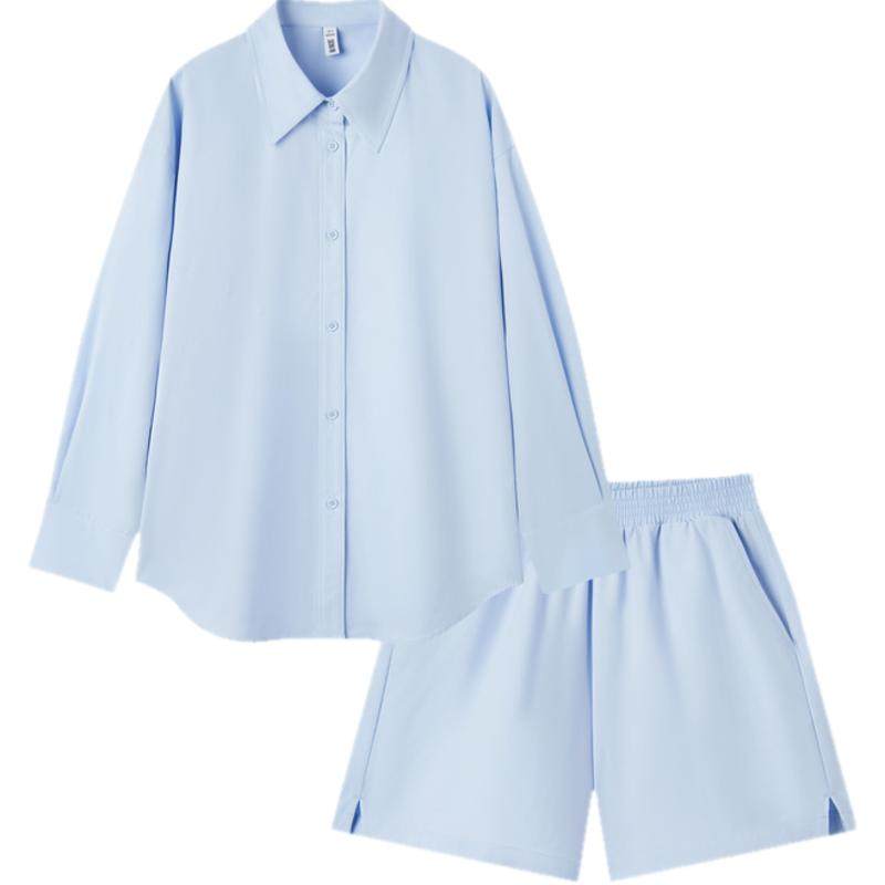 森马套装女中长款衬衫开叉A字短裤2024新款秋纯色宽松两件套通勤