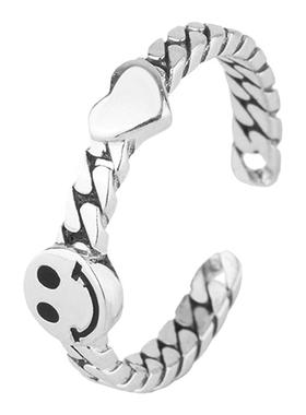 链条爱心开口可调节百搭复古戒指