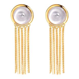 VISING天然水沫玉石英质玉平安扣金色流苏耳坠耳环耳饰时尚