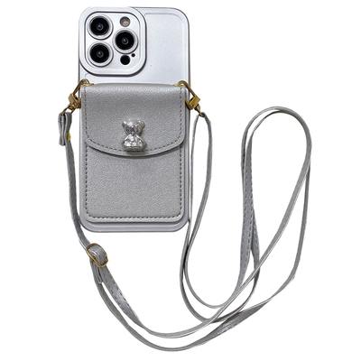 银色小熊卡包斜跨手机壳全包防摔