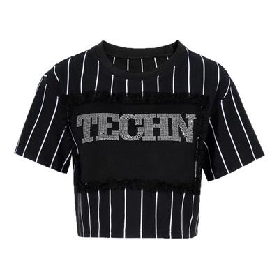 TCH轻奢烫钻时尚休闲设计感短袖T恤条纹字母短上衣女T75B10B1063