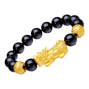 久不掉色越南沙金貔貅手链男女士镀3D硬黄金黑矅石手串首饰正品99