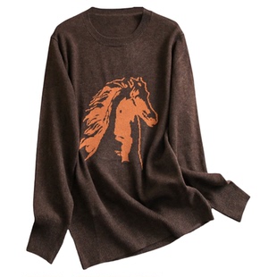 咖色马型图案宽松慵懒圆领显瘦减龄毛衣长袖百搭套头女针织衫W093