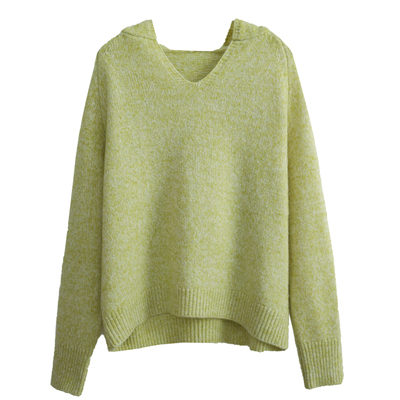 花吉樱草黄v领连帽宽松毛衣