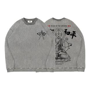 TEE7-国潮奥特曼佛祖水洗做旧美式复古圆领卫衣纯棉宽松高街爆款