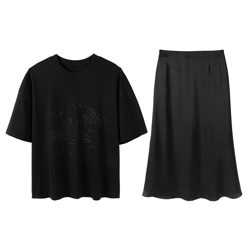 晶咕白标DADATATA新中式T提花半裙女夏季大码套装