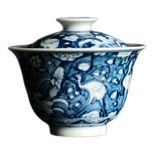 七月长陶瓷盖碗 手绘青花一鹭莲科主人杯 复古茶器景德镇云由山坊