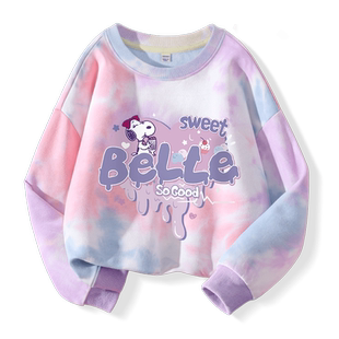 史努比女童卫衣春秋款2026新款女孩紫色薄款圆领长袖儿童秋装上衣