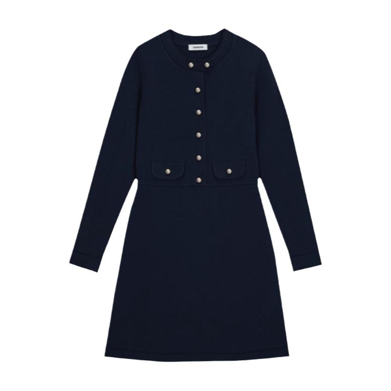 季末7折SANDRO2025秋冬经典款女装纯色金属扣圆领长袖针织连衣裙