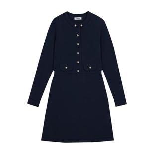 季末7折SANDRO2025秋冬经典款女装纯色金属扣圆领长袖针织连衣裙