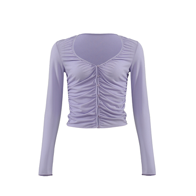 法式性感v领褶皱针织开衫