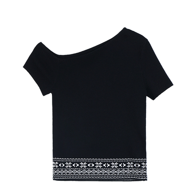 pusumede 心动至上 斜肩提花针织衫T恤女夏季设计感露肩短袖上衣