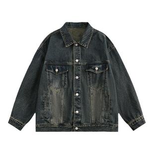 lemanism美式复古牛仔外套男女同款秋季翻领夹克情侣款牛仔衣潮牌