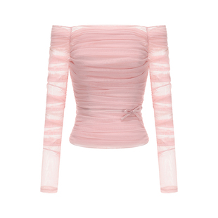 NanaJacqueline时尚套装女新款微透长袖蝴蝶结一字肩上衣网纱半裙