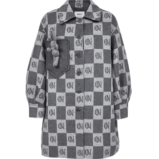 【ONLY奥莱】春款宽松落肩棋盘格翻领休闲羊毛混纺廓形毛呢大衣女