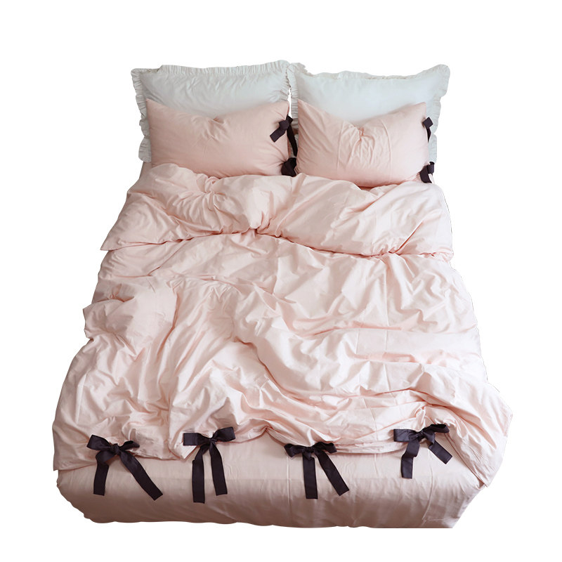 蜗牛塔 粉色荷叶边四件套 公主风纯棉全棉床单被套床上三件套