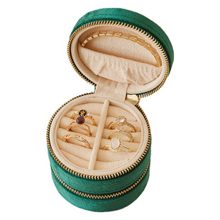 丝绒圆形双层首饰盒收纳盒便携式高档精致旅行戒指耳钉耳环收拾盒