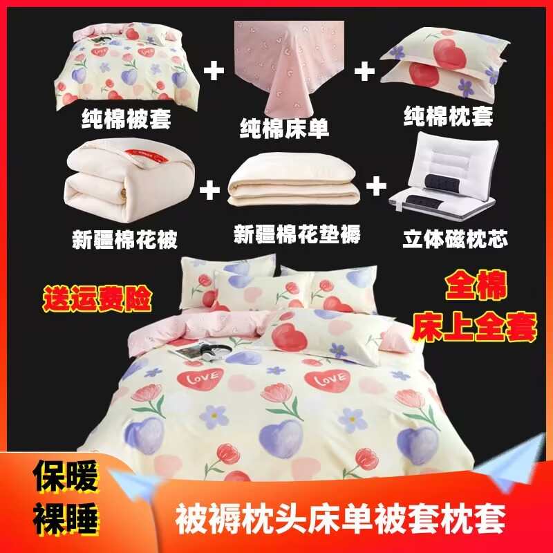 纯棉全棉床上用品被子芯新疆棉花被褥铺底全套装春秋冬天六八件套