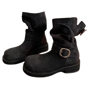 牛皮版~复古皮带扣圆头厚底增高机车靴女靴子中筒马丁靴堆堆靴女