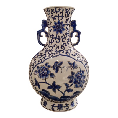 双耳扁瓶高两河手绘粉彩瓷器青花缠枝莲纹花瓶摆件帝王黄插花桌面