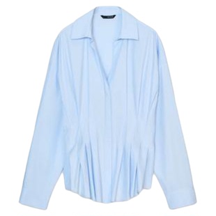 ZA外贸出口女装新款收腰翻领腰部打褶小众设计感府绸衬衫2110534