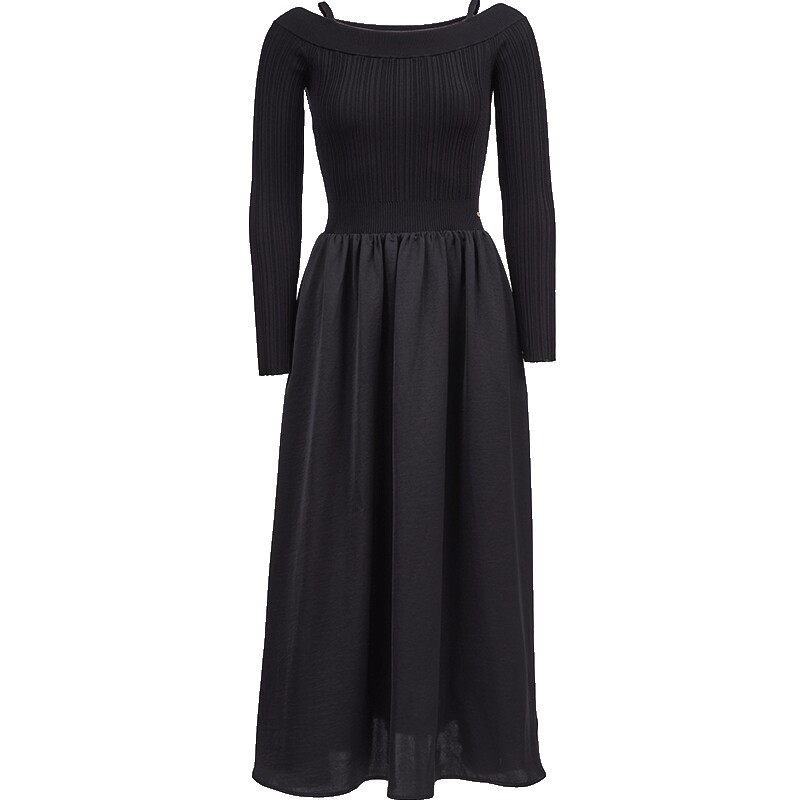 ONLY2026春季新款优雅拼接可调节肩带纯色一字肩长裙连衣裙女