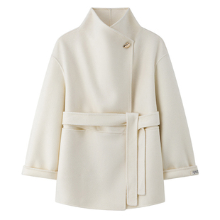 系带大翻领高端双面呢羊毛外套女2025新款设计感轻暖羊绒毛呢大衣