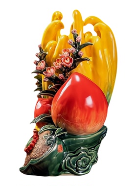 中式石湾公仔陶瓷寿桃福禄摆件