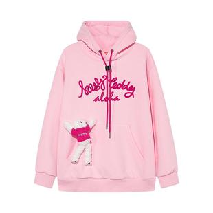 NOISY TEDDY25冬季新款可爱立体熊甜美女士连帽套头加绒长袖卫衣