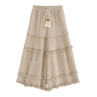 AZure法式流苏阔腿裤复古百搭裙裤百搭抽绳裤松紧腰显瘦清凉长裤