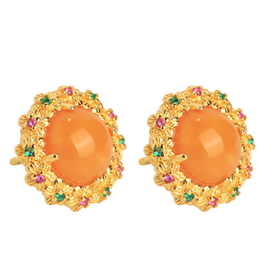 小银匠天然蜜蜡纯银耳钉女新中式国风黄色玉石金镶玉宝石耳环耳饰