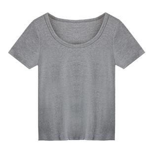 夏秋显胸大低领正肩T恤女u领短袖修身纯棉休闲内搭叠穿露锁骨上衣