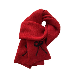 新年红色蝴蝶结针织围巾女士冬季加厚保暖防寒护颈韩系氛围感围脖