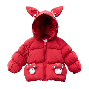 女童红色外套可爱新年加厚棉服甜美连帽秋冬保暖女宝洋气防风上衣