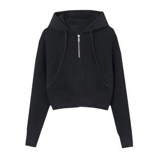 加绒加厚短款半拉链连帽卫衣女保暖洋气时尚内搭打底衫黑色上衣服