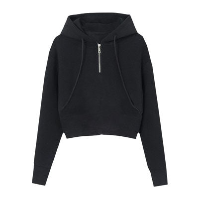 加绒加厚短款半拉链连帽卫衣女保暖洋气时尚内搭打底衫黑色上衣服