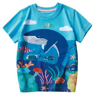 海洋动物T恤儿童卡通鲨鱼鲸鱼热带章鱼蓝色男童速干短袖衣服夏装