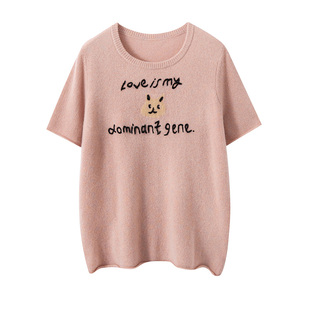 可爱卡通手绣猫小山羊绒衫女短袖圆领套头针织衫宽松百搭减龄上衣