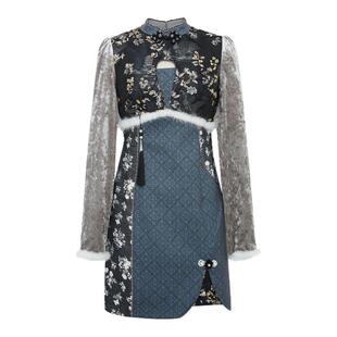 LULUALWAYS【商场同款】冬季新款新中式格子花朵提花短款连衣裙