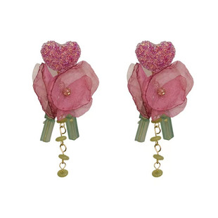 花荣碧石 玫红色花朵夸张绝美耳环度假小众复古设计耳钉百搭耳饰